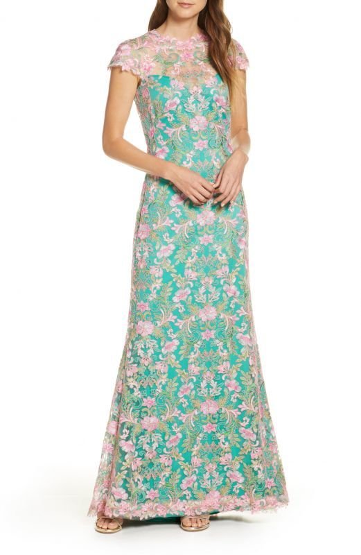 再販売セール！Tadashi Shoji タダシショージ 花柄レースロングドレス