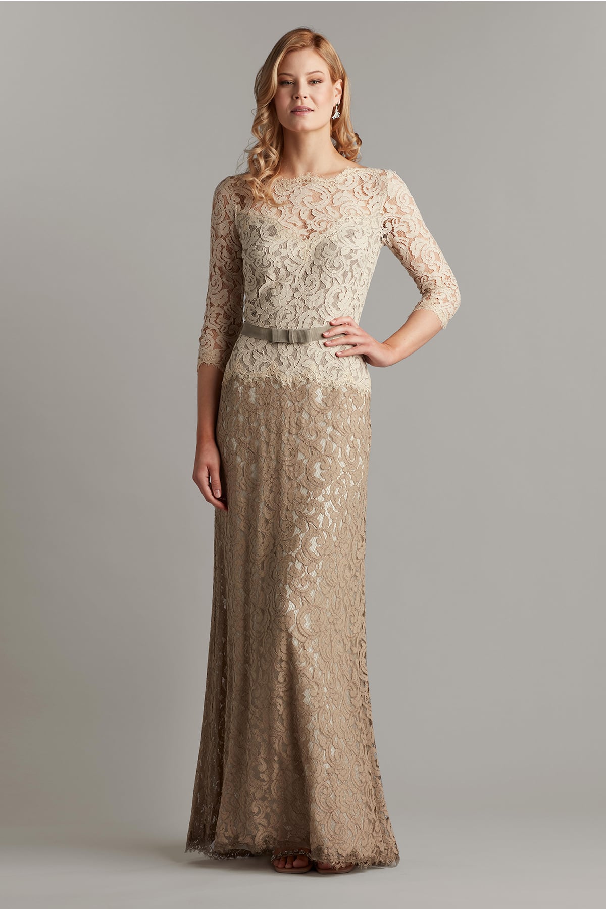 Amberly Belted Lace ¾ Sleeve Gown | Tadashi Shoji