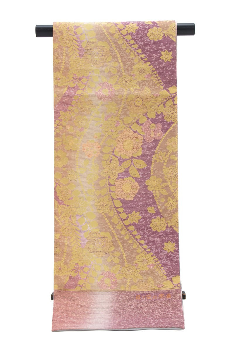 未仕立て】袋帯 振袖用 赤紫色 パープル 金色 ゴールド グラデーション