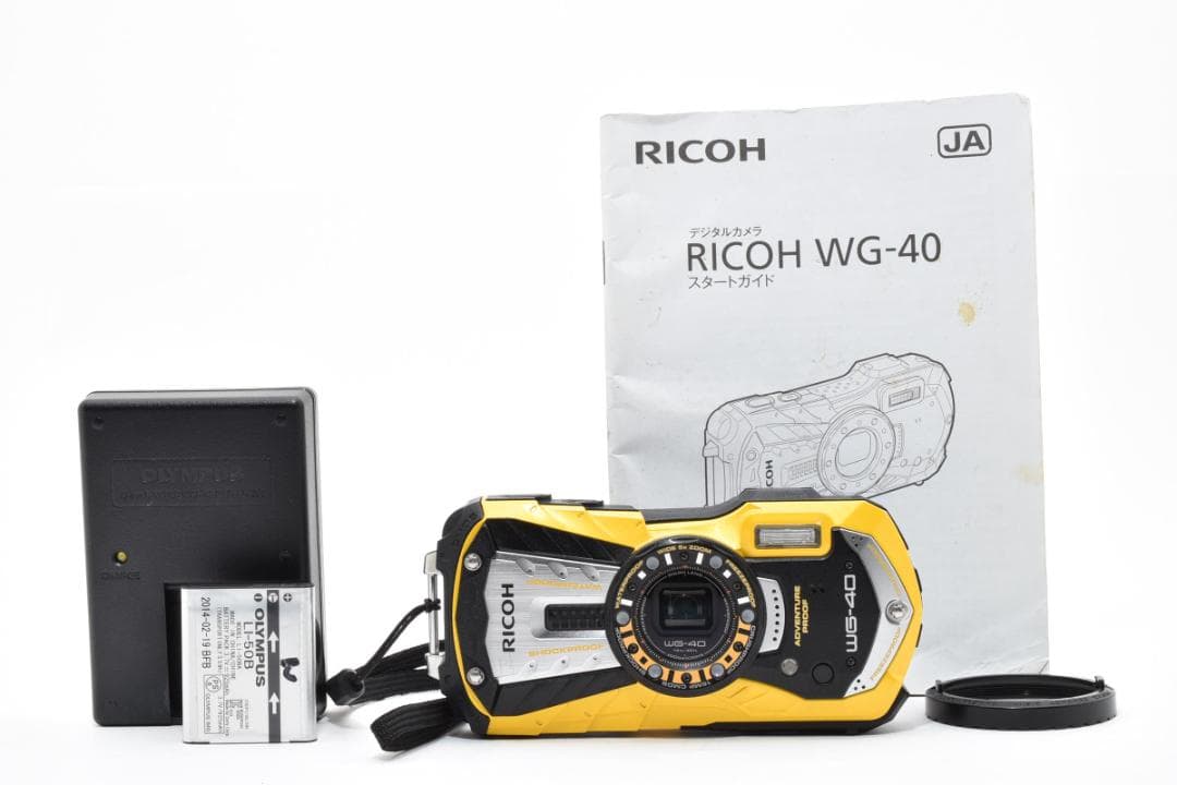 【美品】RICOH WG-40 イエロー　動作確認済 動作確認済】RICOH WG-40防水デジタルカメラ 充電器+予備バッテリ付